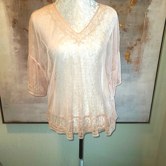 Kaari Blue Tops - Kaari Blue - Pink Asymmetrical Ruffled 3/4 Sleeve Blouse